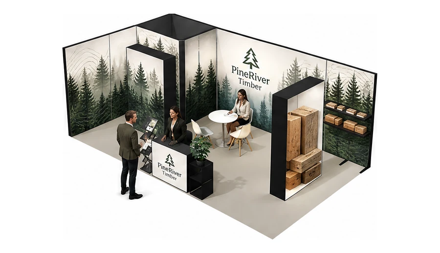 Stoisko 8 × 4 m narożne lewe dla branży leśnictwo i przemysł drzewny, przykładowa marka PineRiver Timber