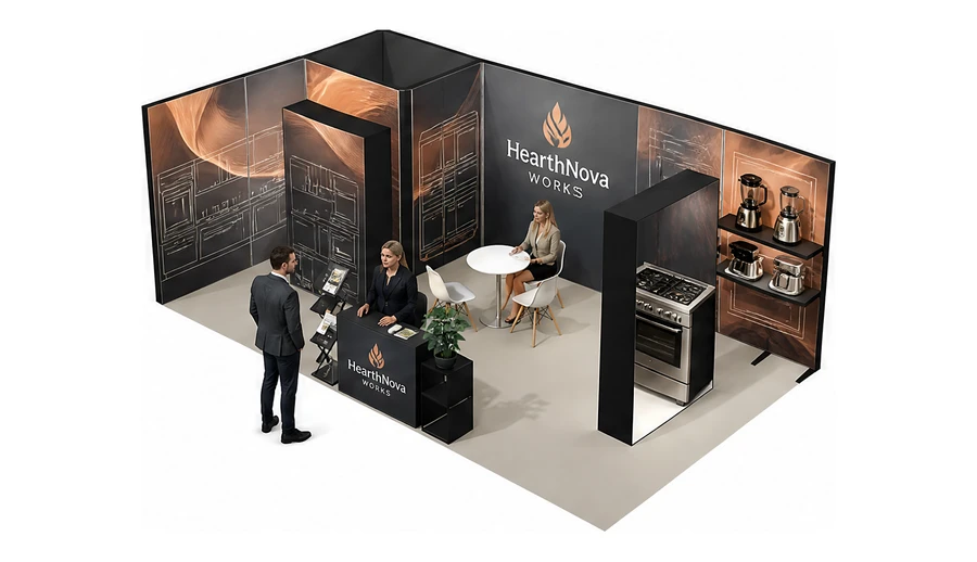 Stoisko 8 × 4 m narożne lewe dla branży sprzęt kuchenny i AGD, przykładowa marka HearthNova Works