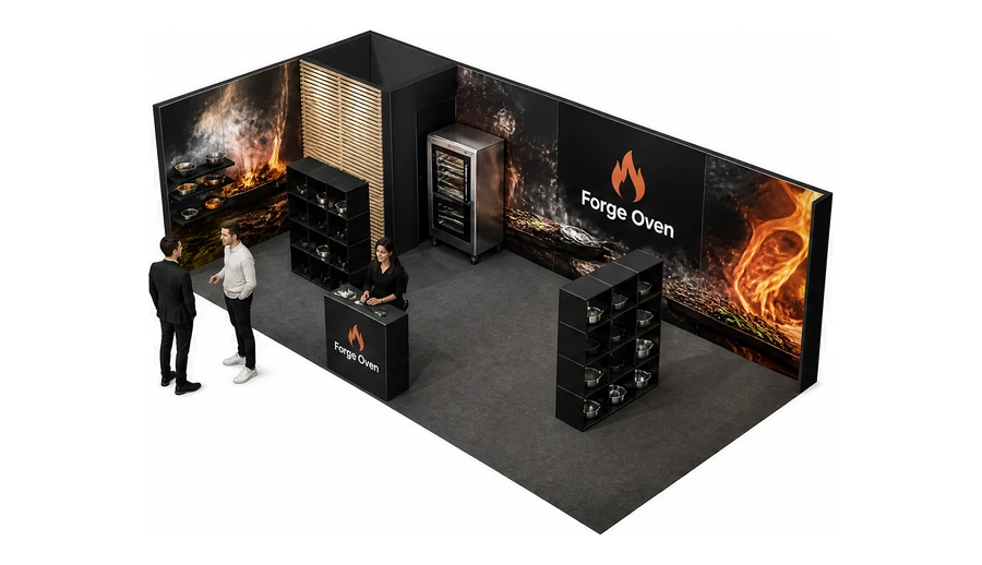 Stoisko 8 × 4 m narożne lewe dla branży wyposażenie gastronomii, przykładowa marka Forge Oven