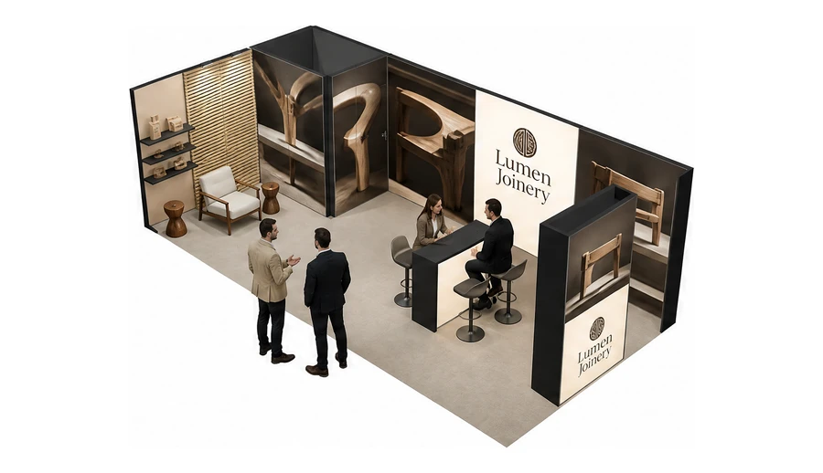 Stoisko 8 × 4 m narożne lewe dla branży meble designerskie, przykładowa marka Lumen Joinery