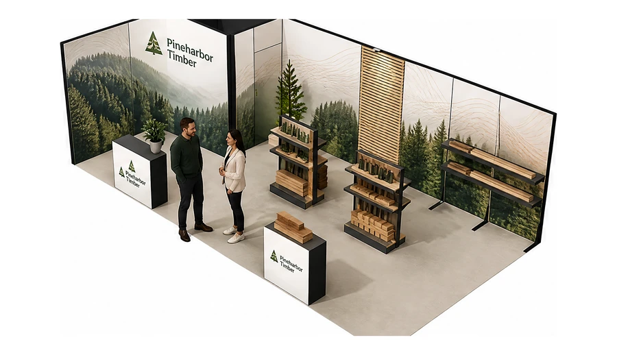 Stoisko 8 × 4 m narożne lewe dla branży leśnictwo i przemysł drzewny, przykładowa marka Pineharbor Timber