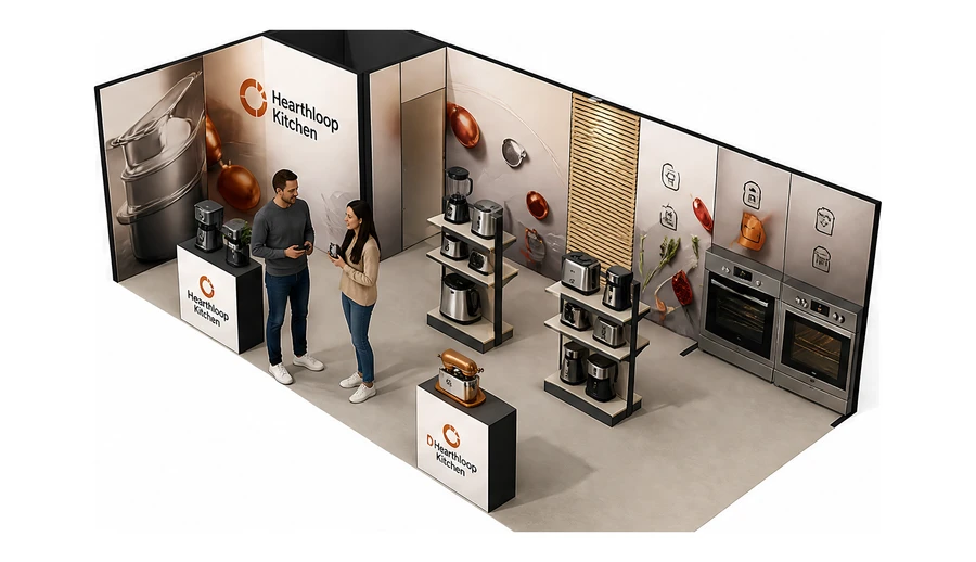 Stoisko 8 × 4 m narożne lewe dla branży sprzęt kuchenny i AGD, przykładowa marka Hearthloop Kitchen