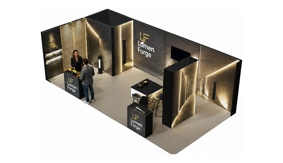 Stoisko 8 × 4 m narożne lewe dla branży oświetlenie, przykładowa marka Lumen Forge