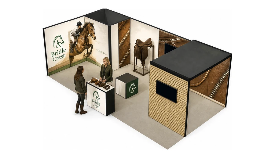 Stoisko 8 × 4 m narożne lewe dla branży jeździectwo, przykładowa marka Bridle Crest