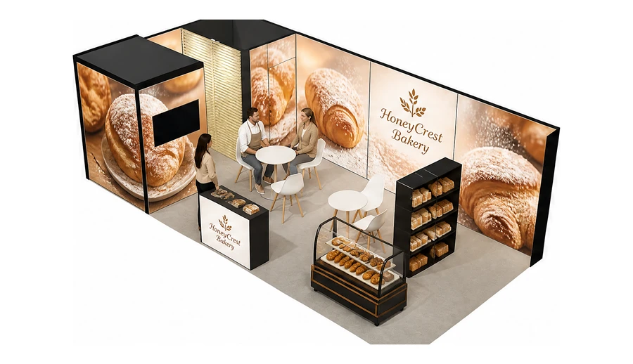 Stoisko 8 × 4 m narożne lewe dla branży piekarnictwo i cukiernictwo, przykładowa marka HoneyCrest Bakery