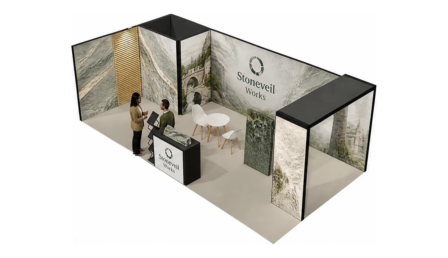 Stoisko 8 × 4 m narożne lewe dla branży kamień i kamieniarstwo, przykładowa marka Stoneveil Works