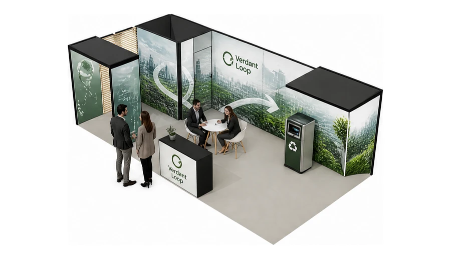 Stoisko 8 × 4 m narożne lewe dla branży recykling i ochrona środowiska, przykładowa marka Verdant Loop