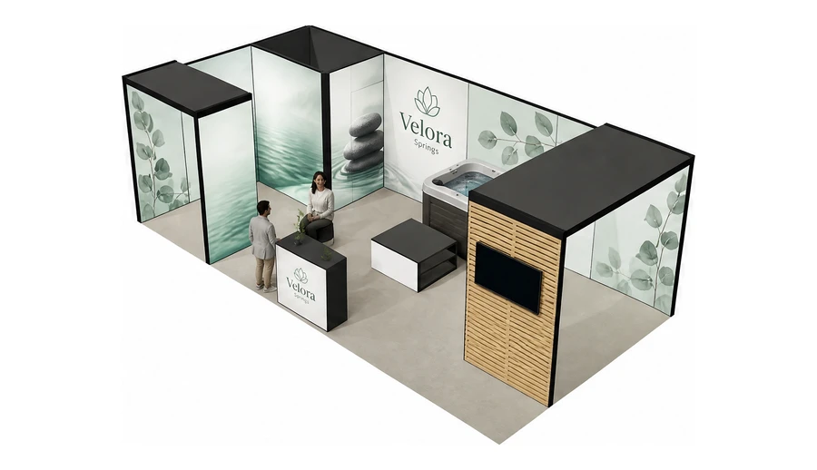 Stoisko 8 × 4 m narożne lewe dla branży spa i wellness, przykładowa marka Velora Springs