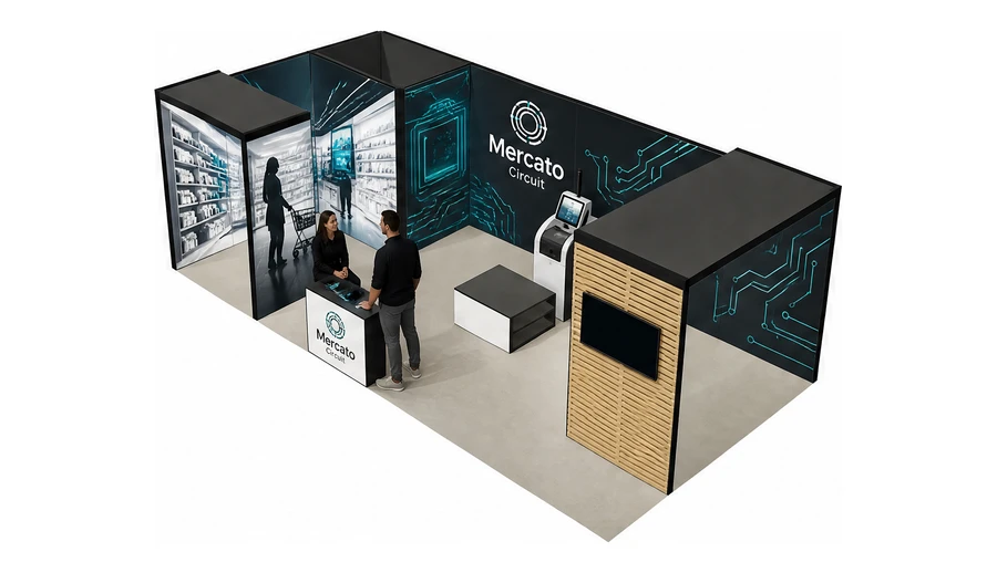 Stoisko 8 × 4 m narożne lewe dla branży technologie dla handlu, przykładowa marka Mercato Circuit