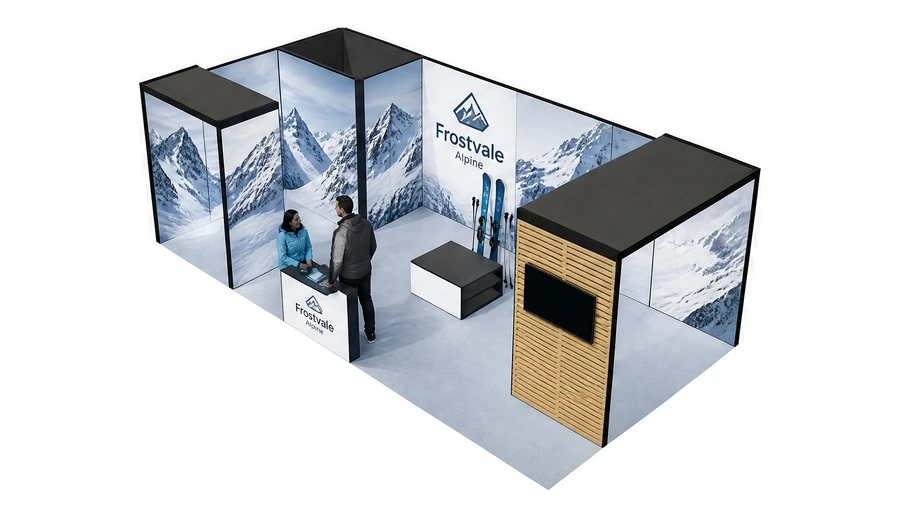 Stoisko 8 × 4 m narożne lewe dla branży narciarstwo i sporty zimowe, przykładowa marka Frostvale Alpine