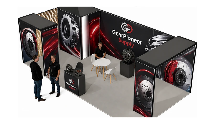 Stoisko 8 × 4 m narożne lewe dla branży części motoryzacyjne, przykładowa marka GearPioneer Supply