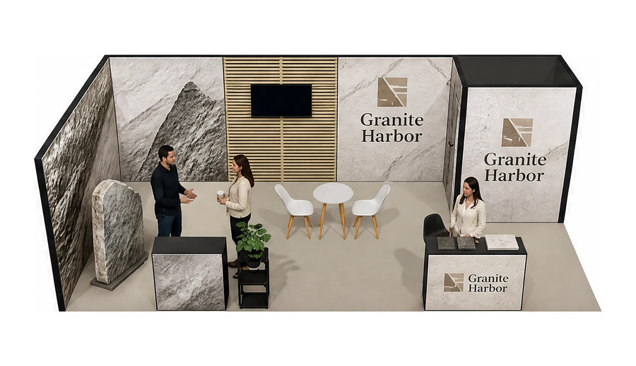 Stoisko 8 × 4 m narożne lewe dla branży kamień i kamieniarstwo, przykładowa marka Granite Harbor