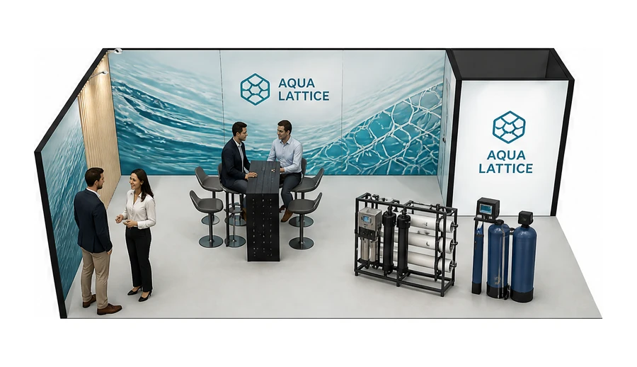 Stoisko 8 × 4 m narożne lewe dla branży technologie wodne, przykładowa marka Aqua Lattice