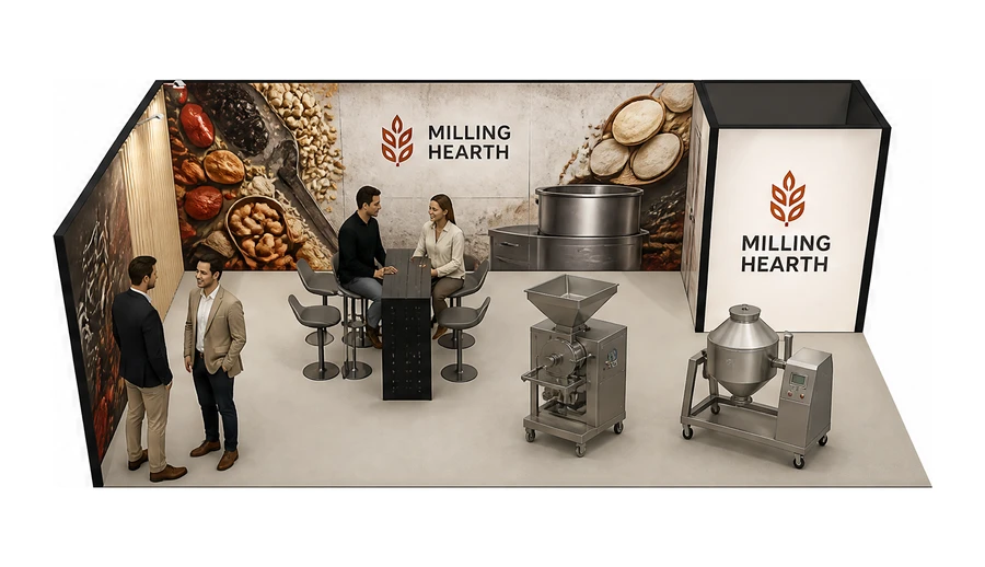 Stoisko 8 × 4 m narożne lewe dla branży technologie spożywcze, przykładowa marka Milling Hearth