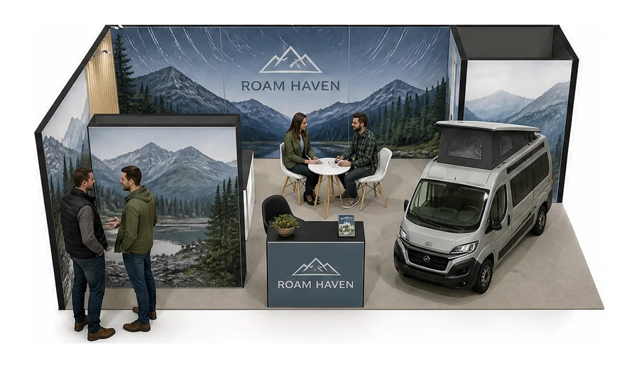 Stoisko 8 × 4 m narożne lewe dla branży caravaning i kampery, przykładowa marka Roam Haven