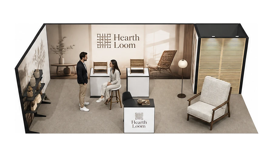 Stoisko 8 × 4 m narożne lewe dla branży meble designerskie, przykładowa marka Hearth Loom