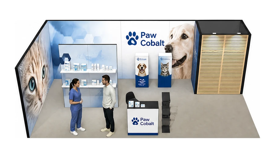 Stoisko 8 × 4 m narożne lewe dla branży weterynaria, przykładowa marka Paw Cobalt