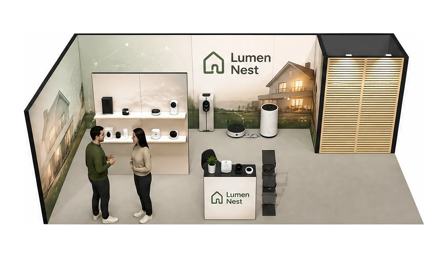Stoisko 8 × 4 m narożne lewe dla branży smart home i IoT, przykładowa marka Lumen Nest