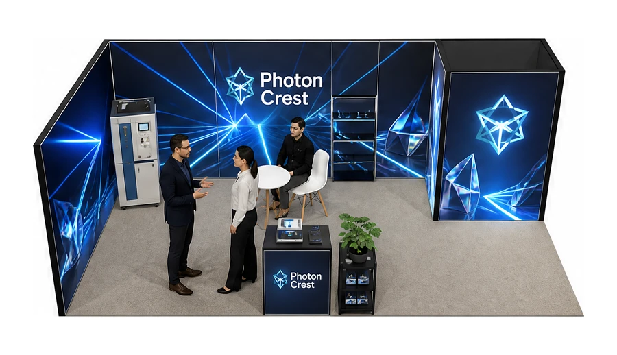 Stoisko 8 × 4 m narożne lewe dla branży technika laserowa i fotonika, przykładowa marka Photon Crest