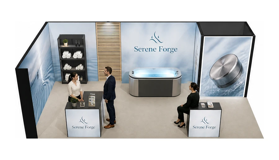 Stoisko 8 × 4 m narożne lewe dla branży spa i wellness, przykładowa marka Serene Forge