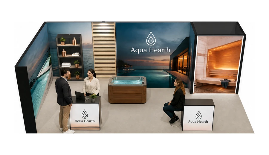 Stoisko 8 × 4 m narożne lewe dla branży baseny i sauny, przykładowa marka Aqua Hearth