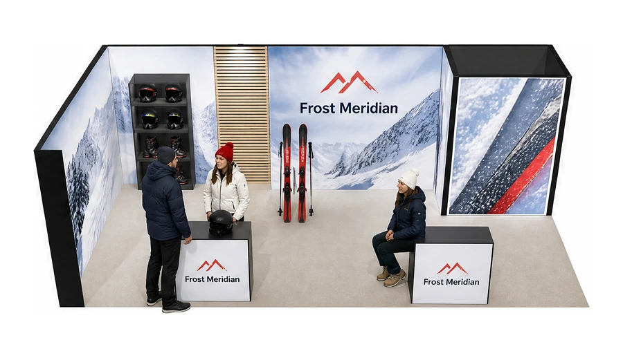 Stoisko 8 × 4 m narożne lewe dla branży narciarstwo i sporty zimowe, przykładowa marka Frost Meridian