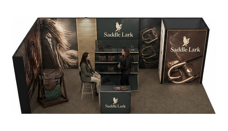 Stoisko 8 × 4 m narożne lewe dla branży jeździectwo, przykładowa marka Saddle Lark