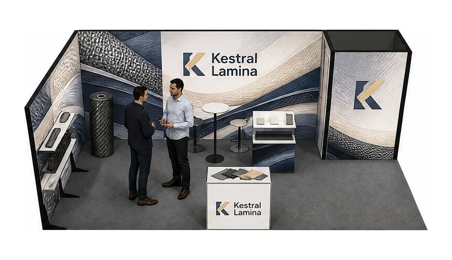 Stoisko 8 × 4 m narożne lewe dla branży materiały kompozytowe, przykładowa marka Kestral Lamina