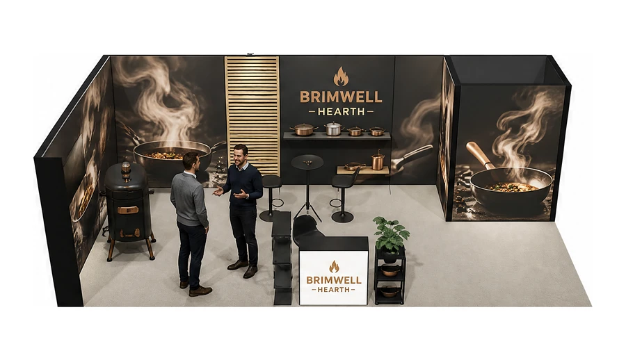 Stoisko 8 × 4 m narożne lewe dla branży sprzęt kuchenny i AGD, przykładowa marka Brimwell Hearth