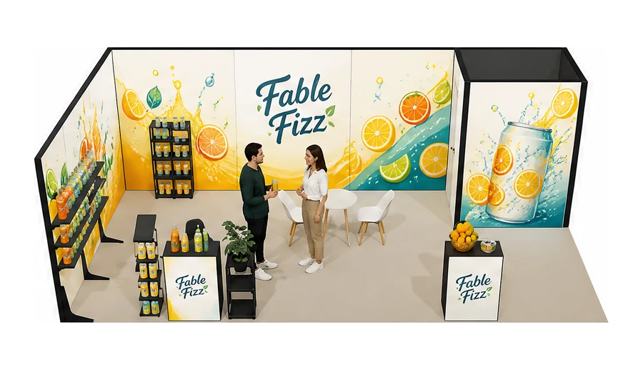 Stoisko 8 × 4 m narożne lewe dla branży napoje, przykładowa marka Fable Fizz