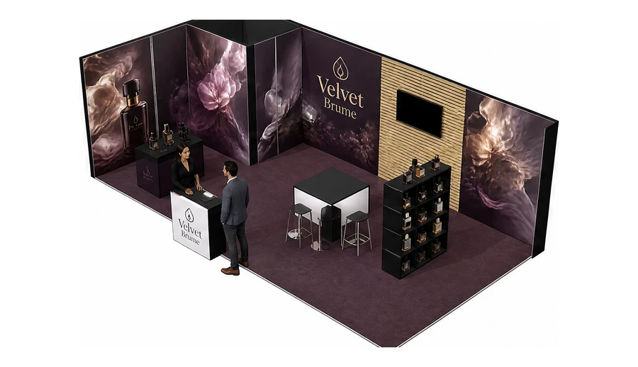 Stoisko 8 × 4 m narożne lewe dla branży perfumy, przykładowa marka Velvet Brume