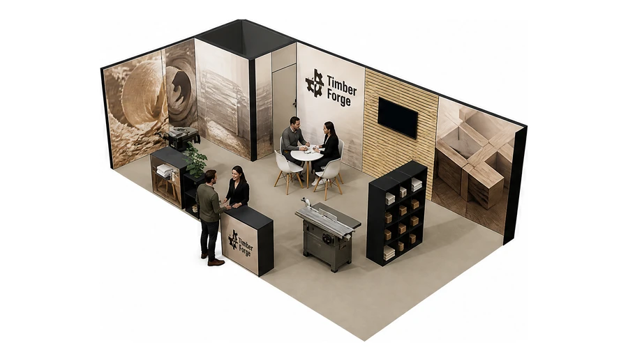Stoisko 8 × 4 m narożne lewe dla branży maszyny do obróbki drewna, przykładowa marka Timber Forge