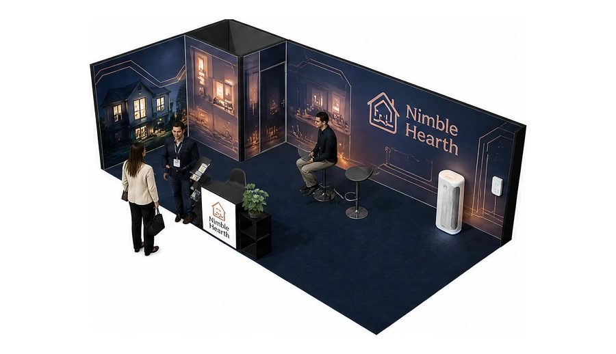 Stoisko 8 × 4 m narożne lewe dla branży smart home i IoT, przykładowa marka Nimble Hearth