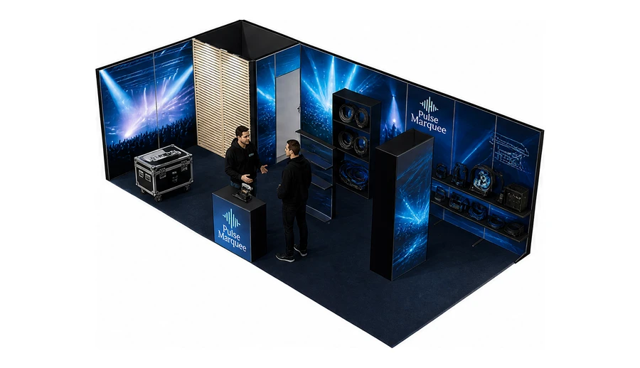 Stoisko 8 × 4 m narożne lewe dla branży branża eventowa, przykładowa marka Pulse Marquee