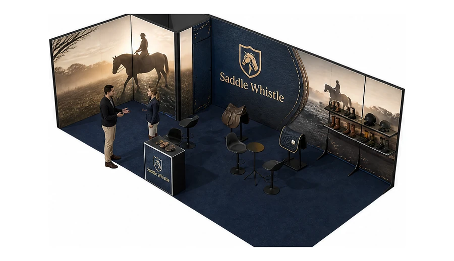 Stoisko 8 × 4 m narożne lewe dla branży jeździectwo, przykładowa marka Saddle Whistle