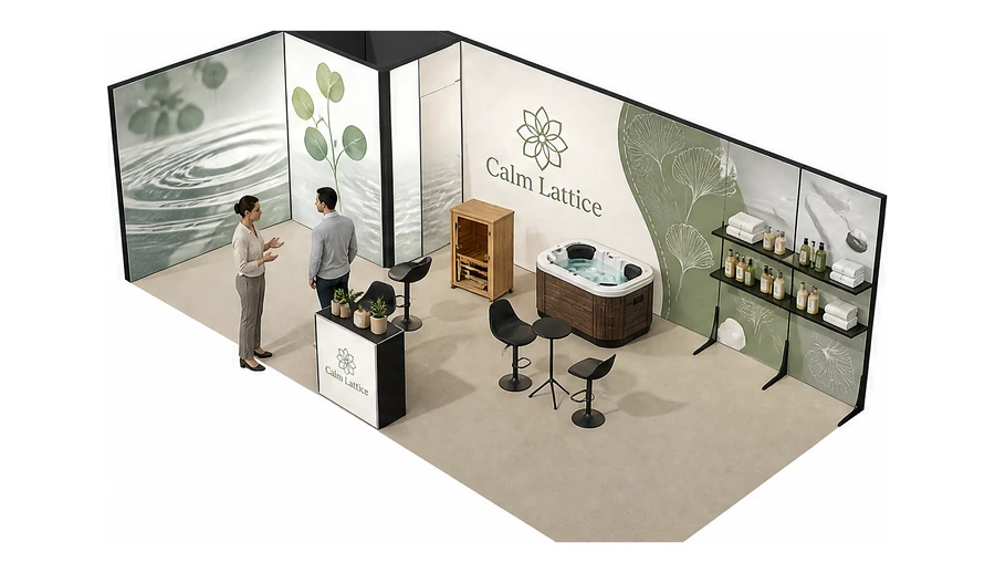 Stoisko 8 × 4 m narożne lewe dla branży spa i wellness, przykładowa marka Calm Lattice