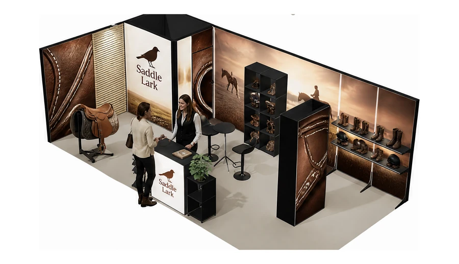 Stoisko 8 × 4 m narożne lewe dla branży jeździectwo, przykładowa marka Saddle Lark