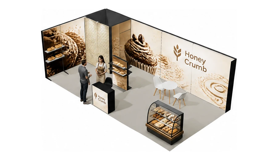 Stoisko 8 × 4 m narożne lewe dla branży piekarnictwo i cukiernictwo, przykładowa marka Honey Crumb