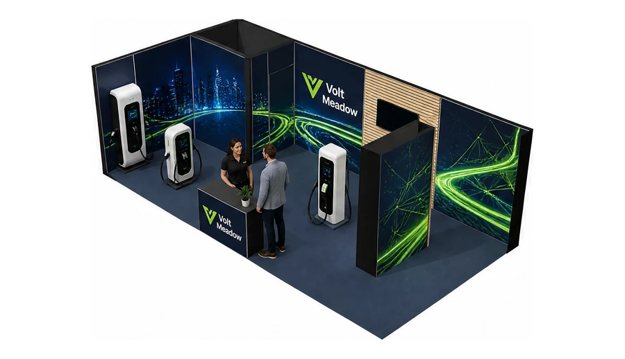Stoisko 8 × 4 m narożne lewe dla branży elektromobilność i ładowarki, przykładowa marka Volt Meadow