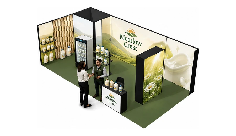 Stoisko 8 × 4 m narożne lewe dla branży nabiał i mleczarstwo, przykładowa marka Meadow Crest