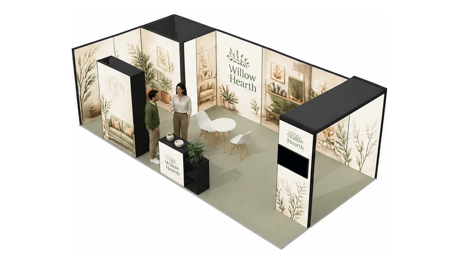 Stoisko 8 × 4 m narożne lewe dla branży dekoracje i upominki, przykładowa marka Willow Hearth