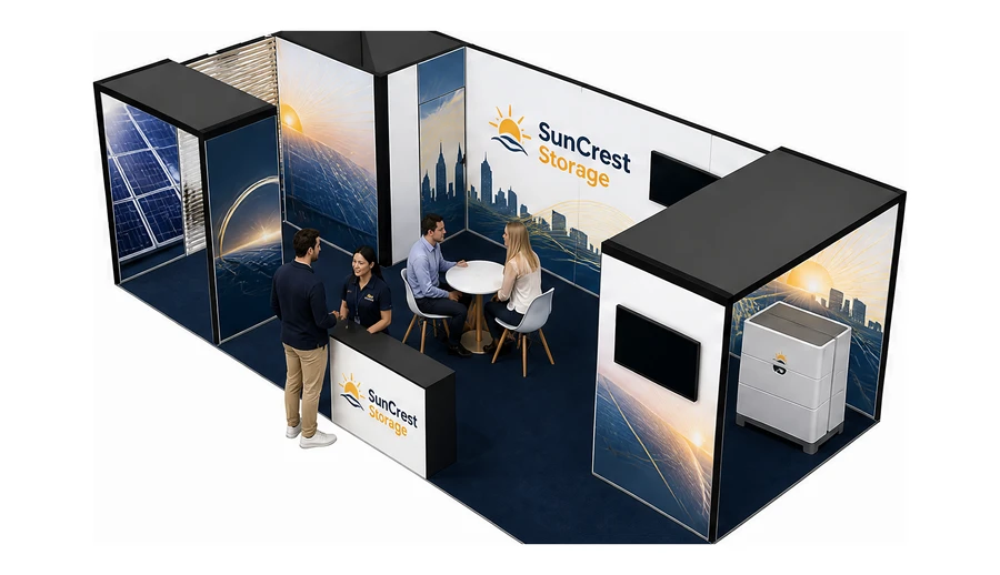 Stoisko 8 × 4 m narożne lewe dla branży fotowoltaika, przykładowa marka SunCrest Storage