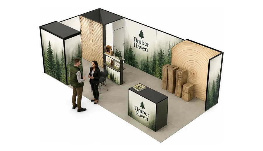 Stoisko 8 × 4 m narożne lewe dla branży leśnictwo i przemysł drzewny, przykładowa marka Timber Haven