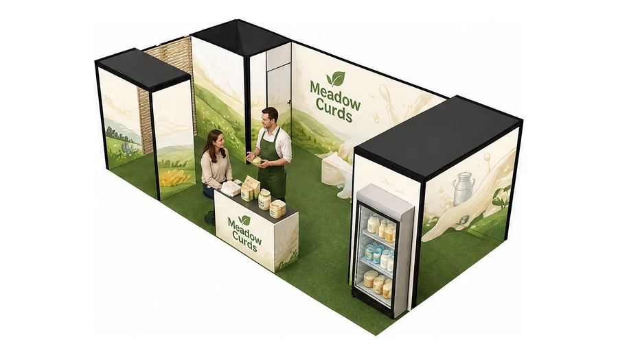 Stoisko 8 × 4 m narożne lewe dla branży nabiał i mleczarstwo, przykładowa marka Meadow Curds