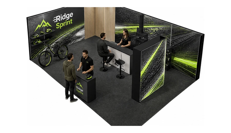 Stoisko 8 × 5 m narożne lewe dla branży sprzęt sportowy, przykładowa marka Ridge Sprint