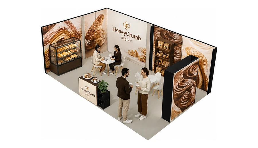 Stoisko 8 × 5 m narożne lewe dla branży piekarnictwo i cukiernictwo, przykładowa marka HoneyCrumb Atelier