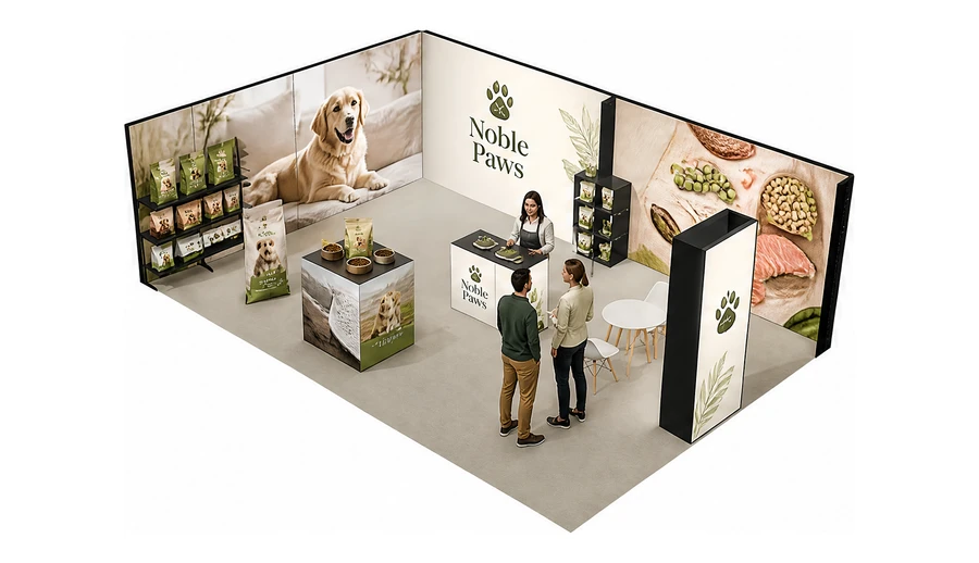 Stoisko 8 × 5 m narożne lewe dla branży karma dla zwierząt, przykładowa marka Noble Paws