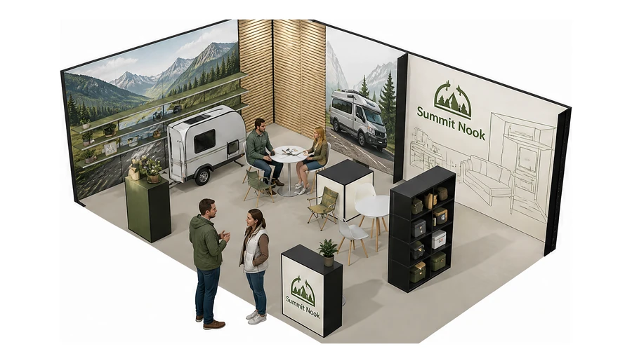 Stoisko 8 × 5 m narożne lewe dla branży caravaning i kampery, przykładowa marka Summit Nook