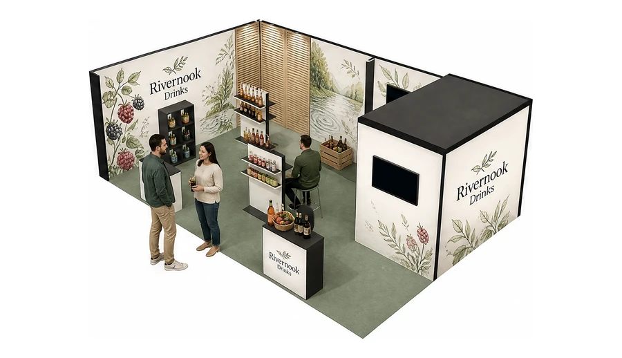 Stoisko 8 × 5 m narożne lewe dla branży napoje, przykładowa marka Rivernook Drinks