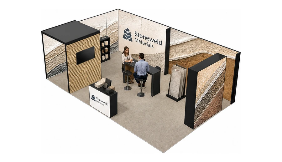 Stoisko 8 × 5 m narożne lewe dla branży materiały budowlane, przykładowa marka Stoneweld Materials
